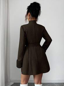 Rafferiza Áo khoác nữ thời trang kiểu Pháp thanh lịch rộng rãi có thể tháo rời bằng lông giả chắp vá hai hàng khuy, thắt eo, màu kaki, thu/đông - Cà phê nâu - Xem 2