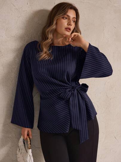 Elegantrix プラスサイズ レディース ストライプ リボン フレアスリーブ カジュアルシャツ 秋冬