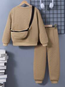 SHEIN 3pcs/Set Tween BoyLetter Textured Sweatshirt, Sweatpants And Backpack Set (Can Be Sold Separately) - Khaki - View 2
