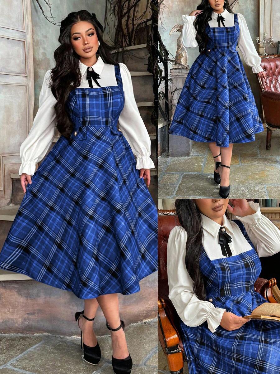 Lyrianda Đầm midi chữ A cổ bẻ hở nửa phía trước cỡ lớn dành cho nữ 2 trong 1 họa tiết kẻ caro đỏ tương phản cài nút thanh lịch phong cách cổ điển thường ngày - Màu xanh lam - Xem 1