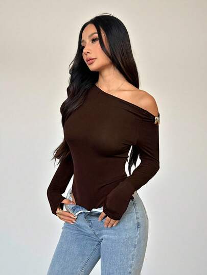 SHEIN PETITE 黑色现代时尚扭纹金属装饰长袖紧身衣，女士正式性感服装