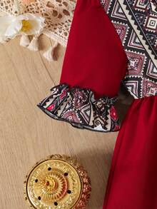 Vestido de manga corta de verano para niñas bebé con estilo de Oriente Medio + bolso a juego, conjunto versátil, de moda y cómodo - Rojo - Ver 7