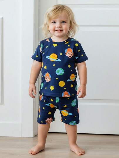 Blippi X SHEIN Baby Boy Cartoon Planet Print Navy Blue Short Sleeve T-Shirt And Shorts Tight Comfortable Casual Pajama Set