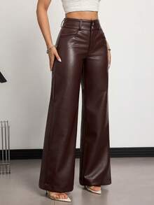 Flexra Women's High Waist Fashionable Leather Wide Leg Pants