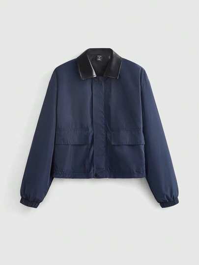 Street Life جاكيت كاجوال للرجال بياقة مرقعة وسحاب، خريفية