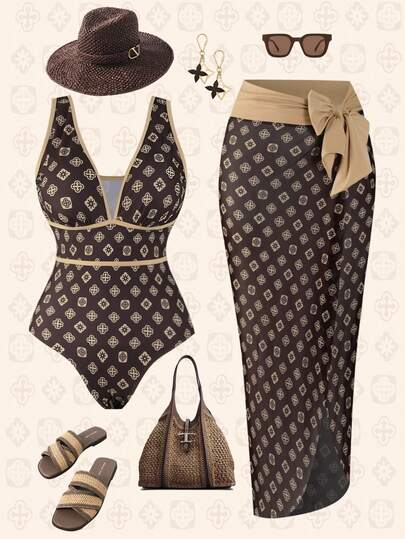 Swim Oasis Büyük Beden Kadınlar İçin 2 Parçalı Üst Düzey Baskılı Tek Parça Mayo ve Eşleşen Uzun Baskılı File Örtüsü, Yaz Aylarında Plaj Tatili İçin Uygun