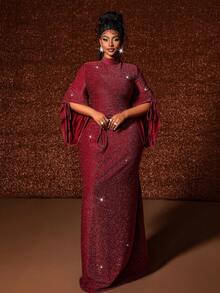 Maweii 大码水钻装饰披肩袖连衣裙 - 杏色 - 查看 6