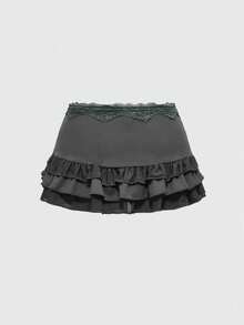 ROMWE Grunge Punk 复古层叠豹纹蕾丝边低腰性感荷叶边蝴蝶结迷你裙，适合女性，春假、音乐会、节日、情人节等场合。 - 灰色 - 查看 2