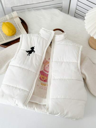 Genkimix Kids Höst/vinter Ny mode minimalistisk unga flickor broderad dragkedja med ståkrage vadderad västjacka