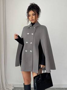 SHEIN PETITE 女士休闲英伦风双排扣羊毛斗篷大衣 - 灰色 - 查看 1