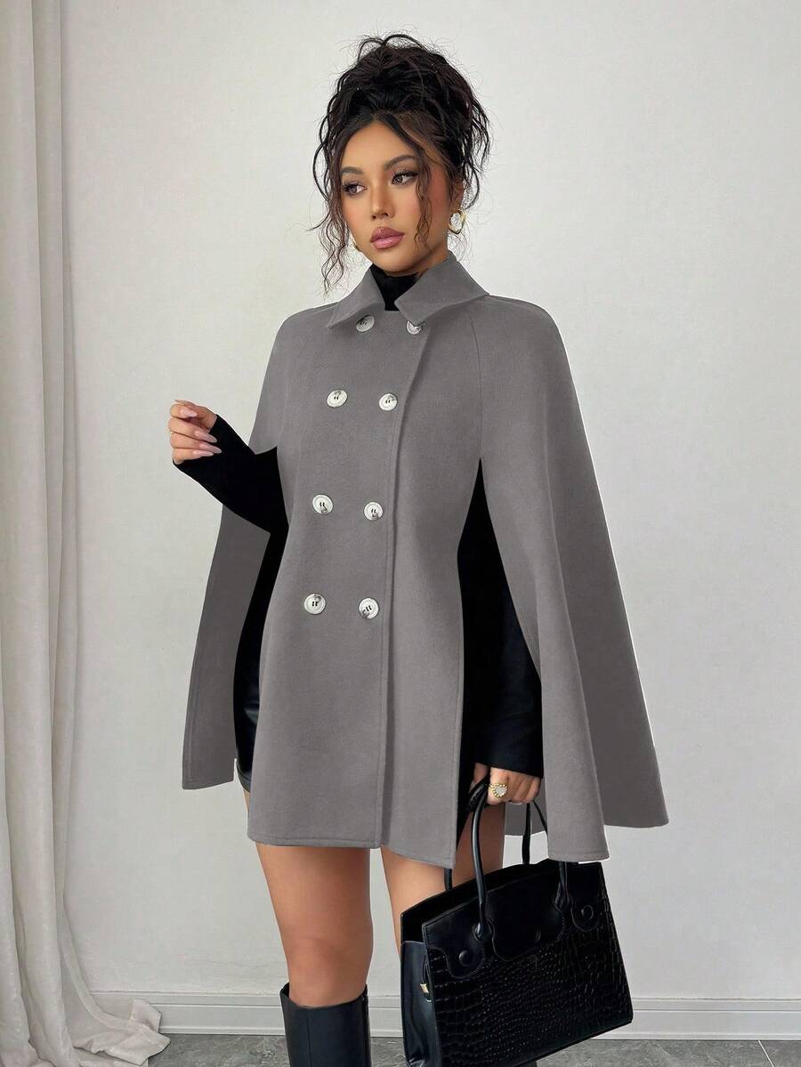 SHEIN PETITE 女士休闲英伦风双排扣羊毛斗篷大衣 - 灰色 - 查看 1