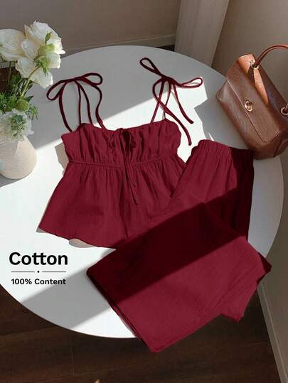 Comfortcana 梭织女士纯棉休闲度假酒红色吊带背心和裤子套装 纯棉女装 酒红色上衣 酒红色上衣 女士夏季两件套 纯棉两件套