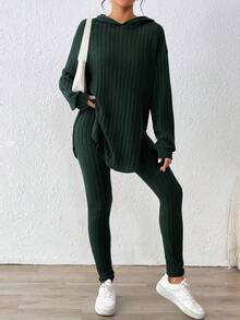 SHEIN Essnce Bộ 2 món áo hoodie và quần legging dài tay trễ vai màu trơn dành cho nữ - Màu xanh lá cây đậm - Xem 6