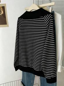 INAWLY Plus Size Polo Collar Zip-Up Striped Long Sleeve Sweatshirt - Black - View 2