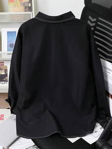 SHEIN 青少年男童撞色拼接长袖休闲衬衫，黑色，面料柔软，适合日常穿着、上学、旅行、户外活动，春夏季节、假期、海滩度假皆宜。 - 黑色 - 查看 6