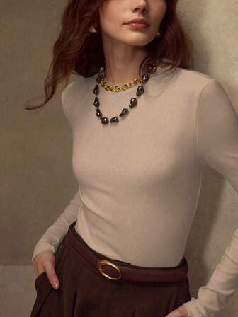 MOTF PREMIUM HIGH STRETCH SKIN-FRIENDLY SOLID COLOR ROUND NECK SLIM FIT FASHIONABLE LONG SLEEVE VERSATILE WOMEN'S BASE LAYER TOP