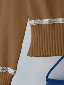 Franclia Áo len chui đầu màu trơn dáng ôm, tay dài cổ đính sequin thanh lịch dành cho nữ, cỡ lớn, mùa thu/đông - Rỉ Nâu - Xem 5