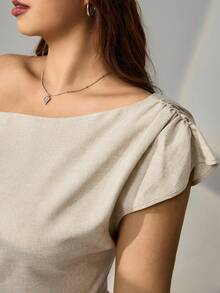 SHEIN EZwear 大码女式纯色蝙蝠袖露脐上衣和阔腿裤休闲两件套 - 杏色 - 查看 4