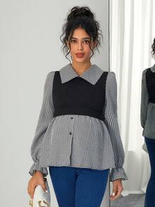 Momance Maternity Casual Plaid Puff Sleeve Shirt, Autumn