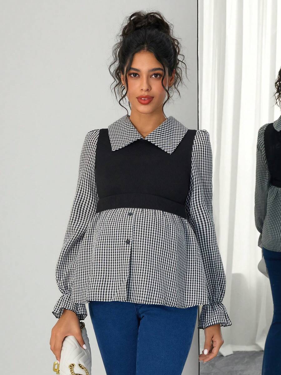 Momance Maternity Casual Plaid Puff Sleeve Shirt, Autumn