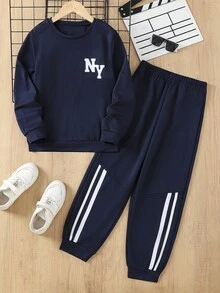 SHEIN Mirajuku 男童休闲学院风字母印花宽松卫衣套装，适合休闲、大学和运动穿着，秋冬季款 - 藏蓝色 - 查看 9