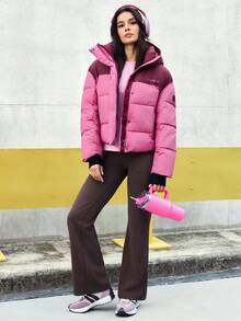 SHEIN Core Rhythm Áo khoác thể thao nữ có mũ, phối màu, dày dặn, màu hồng cánh sen, kiểu dáng thời trang, áo khoác phồng mùa đông cho nữ. - Màu Hồng Tươi - Xem 4