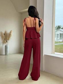 Comfortcana 梭织女士纯棉休闲度假酒红色吊带背心和裤子套装 纯棉女装 酒红色上衣 酒红色上衣 女士夏季两件套 纯棉两件套 - 酒紅色 - 查看 2