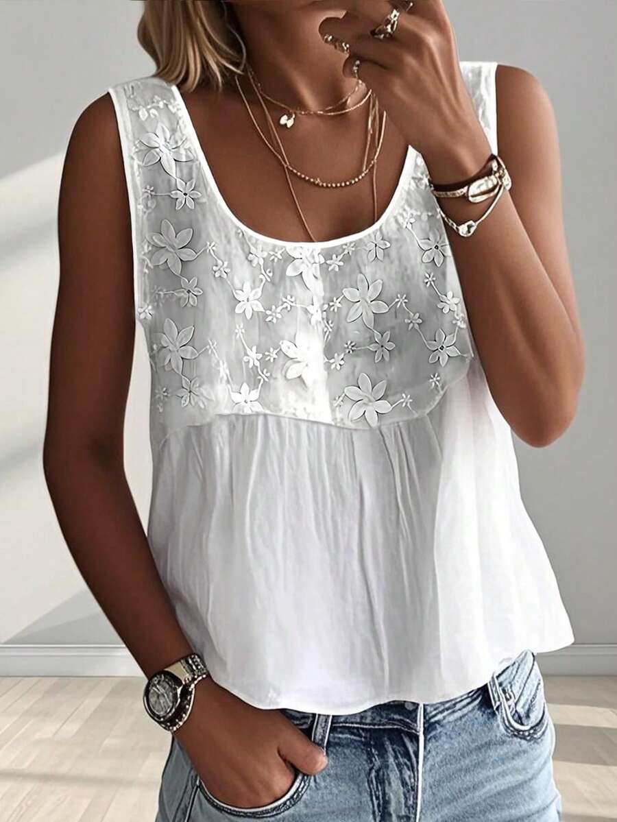 INAWLY 女式夏季休闲花卉刺绣背心 - 白色 - 查看 1
