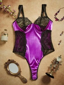 Spicy Aura Plus Size Women Contrast Lace Sexy Lingerie Bodysuit - Purple - View 7