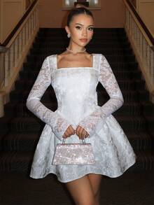 Glamine Charm 法式优雅白色提花撞色蕾丝长袖迷你连衣裙，适合生日派对、返校节、毕业舞会、姐妹聚会、下午茶 - 白色 - 查看 7