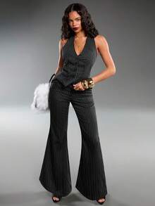Normani 女士 Y2K 外出演唱会条纹上衣和小喇叭裤，2 件 - 黑色 - 查看 5