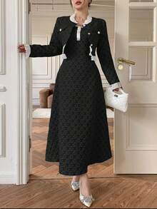 Modelyn 2pcs/Set Sleeveless Waist Cinched Dress And Long Sleeve Top - Black - View 6