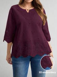 LUNE Blusa de verano de talla grande, de unicolor, hueca, bordada, casual, para vacaciones, temporada de bodas, nuevo diseño de playa para mujer - Burdeos - Ver 3