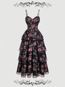 SHEIN MOD Floral Print Mesh Layered Dress With Slit, Romantic & Elegant For Women - Multicolor - View 1