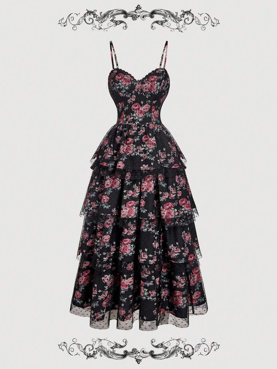 SHEIN MOD Floral Print Mesh Layered Dress With Slit, Romantic & Elegant For Women - Multicolor - View 1