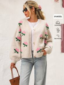 Vivid Eden Lässiger Damen-Cardigan mit Blumenmuster, Vorderknopf, heruntergelassene Schulter, Button-Up-Strickjacke, Blumen-Cardigan, Button-Up-Cardigan, Herbst-Damenkleidung