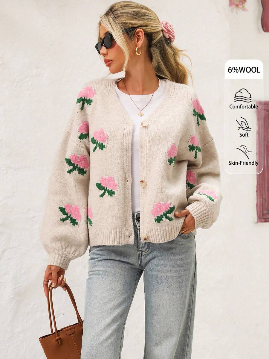 Vivid Eden Lässiger Damen-Cardigan mit Blumenmuster, Vorderknopf, heruntergelassene Schulter, Button-Up-Strickjacke, Blumen-Cardigan, Button-Up-Cardigan, Herbst-Damenkleidung