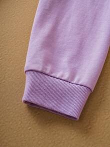 SpongeBob SquarePants | SHEIN Conjunto de sudadera con capucha con cremallera y pantalones con estampado de dibujos animados lindos de color morado para niña preadolescente - Morado - Ver 3