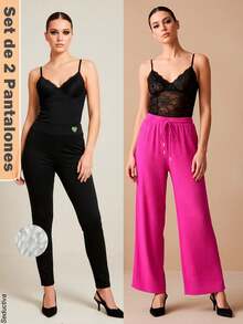Kit de 2 pantalones casuales para mujer, multicolor, tela de algodón y elastano, aptos para temporadas de primavera y verano, ajuste de cintura natural. Frescos, ligeros y cómodos. Te llegarán 2 pantalones en colores al azar: 1 afelpado semi-entubado y 1 pantalón de pierna amplia. - Multicolor - Ver 8
