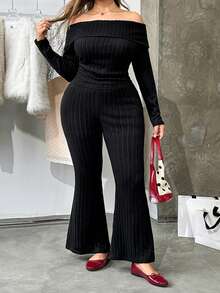 SHEIN EZwear 两件套加大码罗纹保暖柔软休闲/约会套装，黑色，秋冬季 - 黑色 - 查看 4