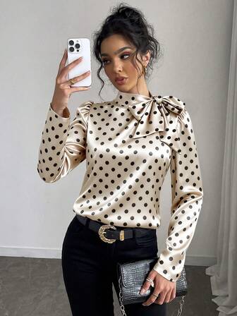 Rafferiza Blusa elegante de mujer con cuello de corbata y mangas abullonadas con estampado de lunares