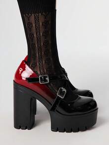 ROMWE Goth Women's Vintage Black-Red Ombre Thick Platform Chunky Heel Pumps, Spring/Autumn Fashion Dual-Tone Metal Buckle Elastic Band Closed Toe High Heel Oxfords For Christmas - Red - View 4