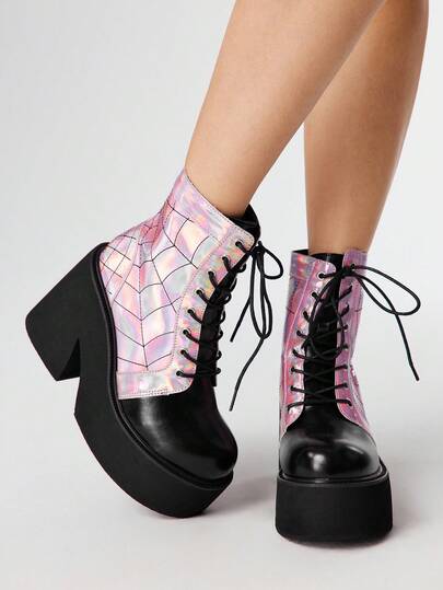 Women's Spider Web Pattern Thick Sole Fashionable Punk Style High Heel Ankle Boots
