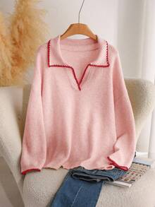 CosyJoli Plus Size Casual Color Block Dog Tooth Trim V-Neck Pullover Sweater/Winter Pink Sweater Pullover For Women Sweater Tops