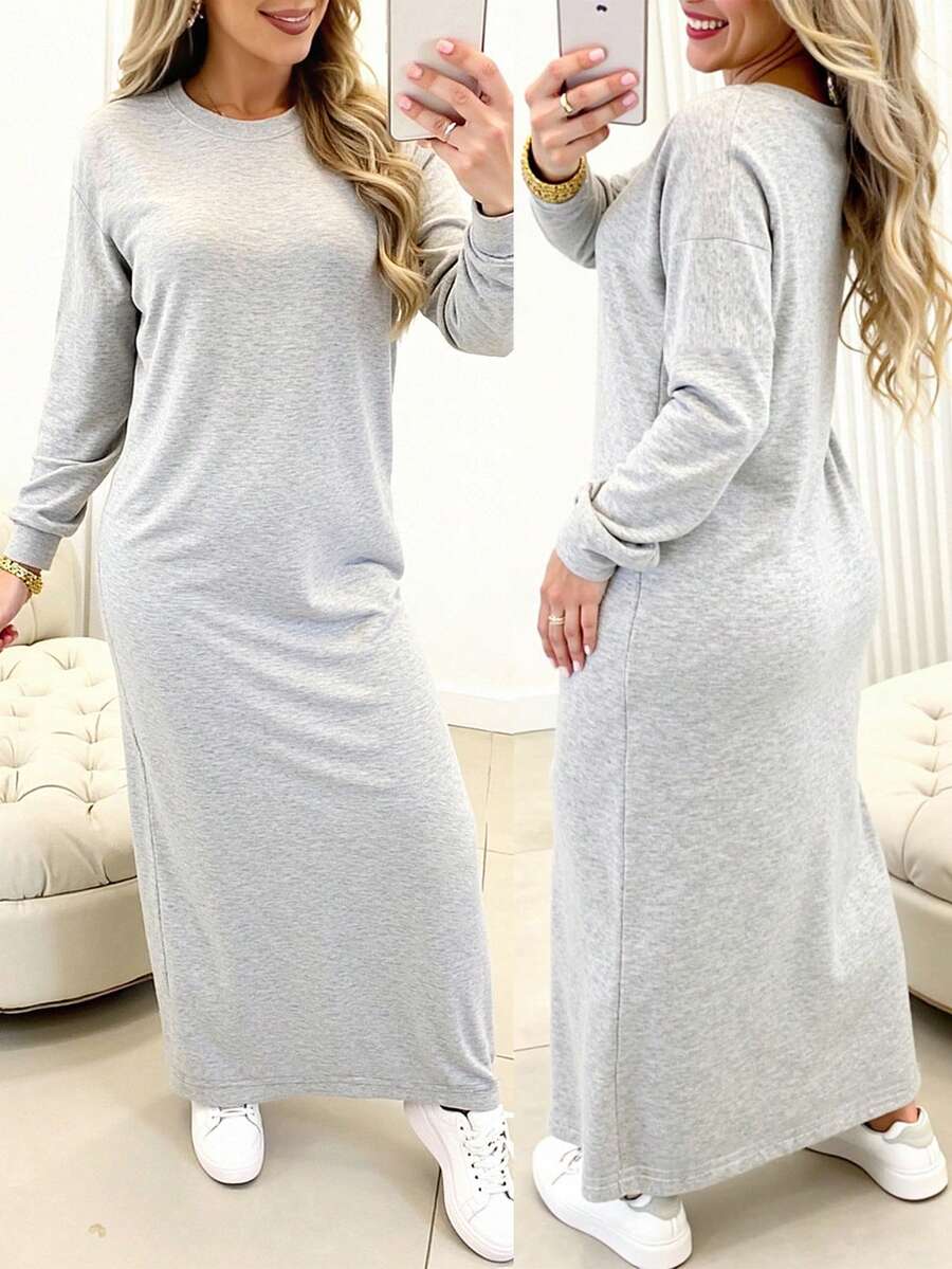 INAWLY Đầm dài tay trễ vai thường ngày cho nữ, đa năng - Màu Xám nhạt - Xem 1