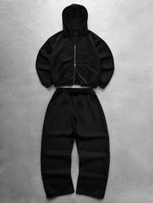 Manfinity Hypemode 男士街头风流行反光运动套装，拉链连帽卫衣套装，适合户外音乐节、日常出行、朋友聚会、送给男友/老公的礼物、周年纪念礼物，黑色连帽衫套装，男士机能风黑色两件套，男士套装，JJK 男士慢跑套装灯芯绒 - 黑色 - 查看 1