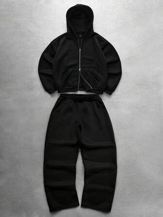 Manfinity Hypemode メンズストリートスタイル人気の反射トラックスーツ、ジップアップパーカースウェットシャツセット、野外音楽フェス、デイリーアウトドア、友人との集まりに適しています。彼氏/夫へのプレゼント、記念日ギフトにも。ブラックパーカーセット