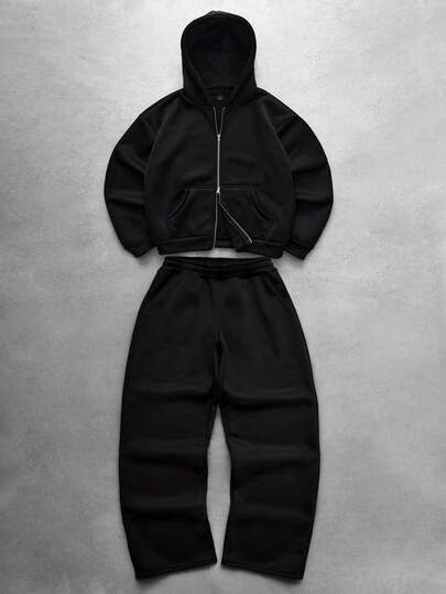 Manfinity Hypemode 男士街头风流行反光运动套装，拉链连帽卫衣套装，适合户外音乐节、日常出行、朋友聚会、送给男友/老公的礼物、周年纪念礼物，黑色连帽衫套装