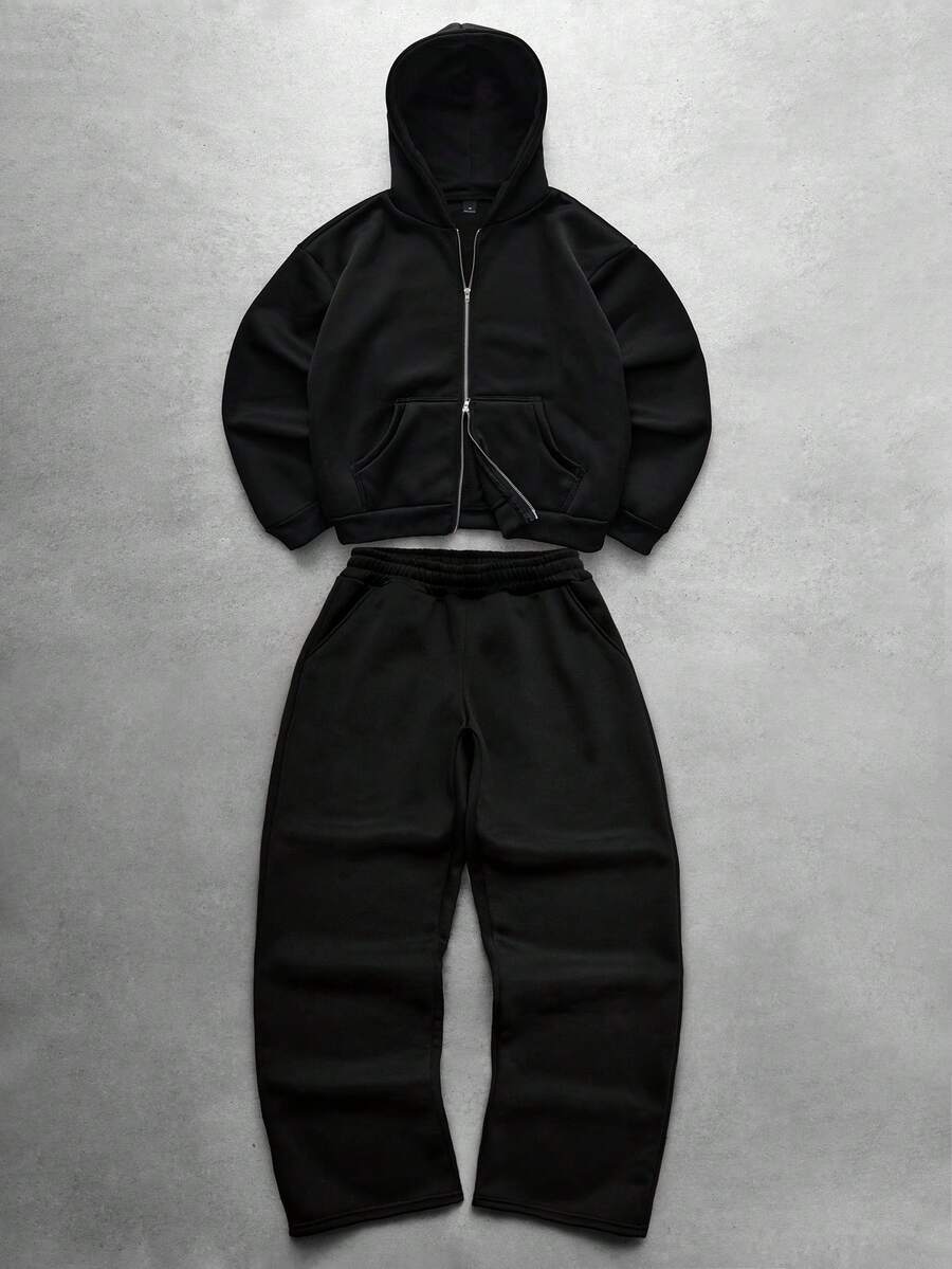 Manfinity Hypemode 男士街头风流行反光运动套装，拉链连帽卫衣套装，适合户外音乐节、日常出行、朋友聚会、送给男友/老公的礼物、周年纪念礼物，黑色连帽衫套装，男士机能风黑色两件套，男士套装，JJK 男士慢跑套装灯芯绒 - 黑色 - 查看 1