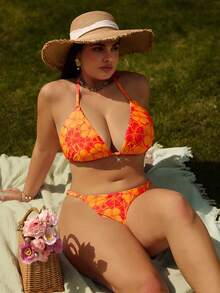 Swim Vcay Traje de baño de 2 piezas con estampado aleatorio, escote halter y lazos, para vacaciones en la playa, talla grande - Multicolor - Ver 6